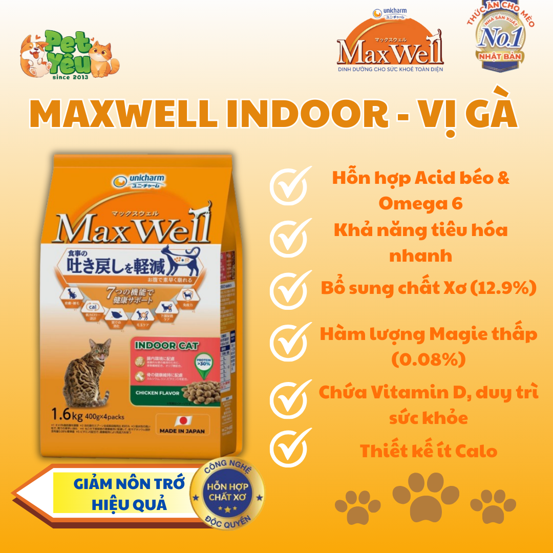 Hạt dành cho mèo - MaxWell Indoor vị Gà 1.5kg