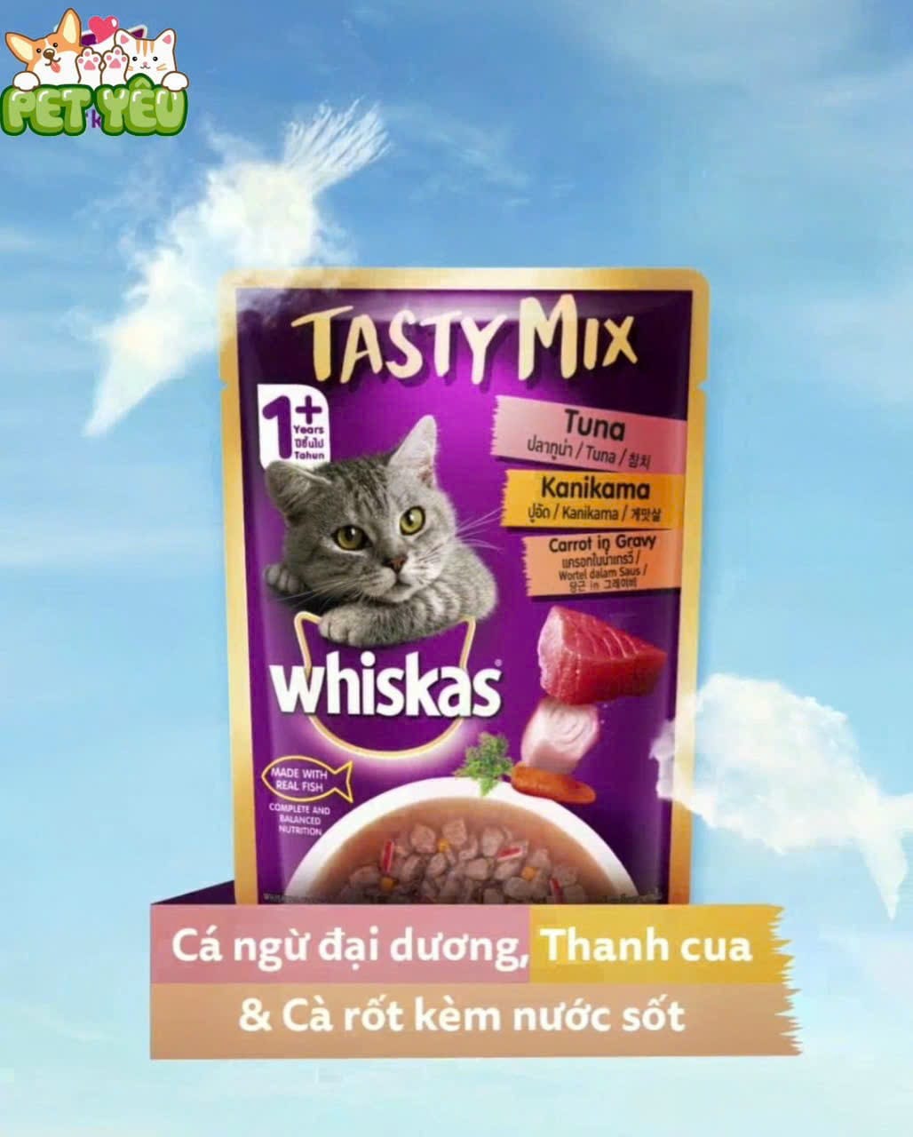 Whiskas® Tasty Mix  vị Cá Ngừ , Thanh Cua & cà rốt kèm nước sốt 70gr