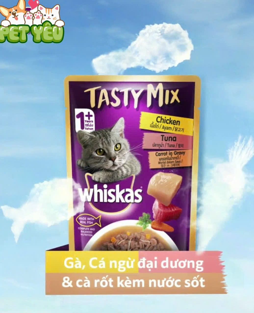 Whiskas® Tasty Mix  vị Gà , Cá Ngừ & cà rốt  kèm nước sốt 70gr