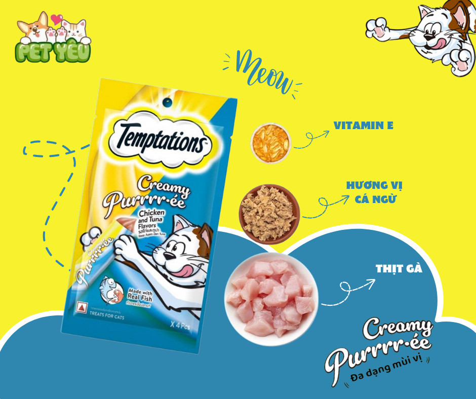 TEMPTATIONS Creamy Purrrr-ée - Súp thưởng cho mèo lớn vị gà & cá ngừ túi 48g