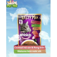 Whiskas® Tasty Mix  vị Hải Sản  & rong biển Wakame  kèm nước sốt 70gr