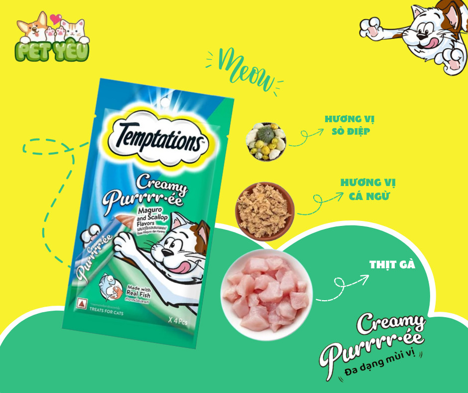 TEMPTATIONS Creamy Purrrr-ée - Súp thưởng cho mèo lớn vị cá ngừ & sò điệp túi 48g