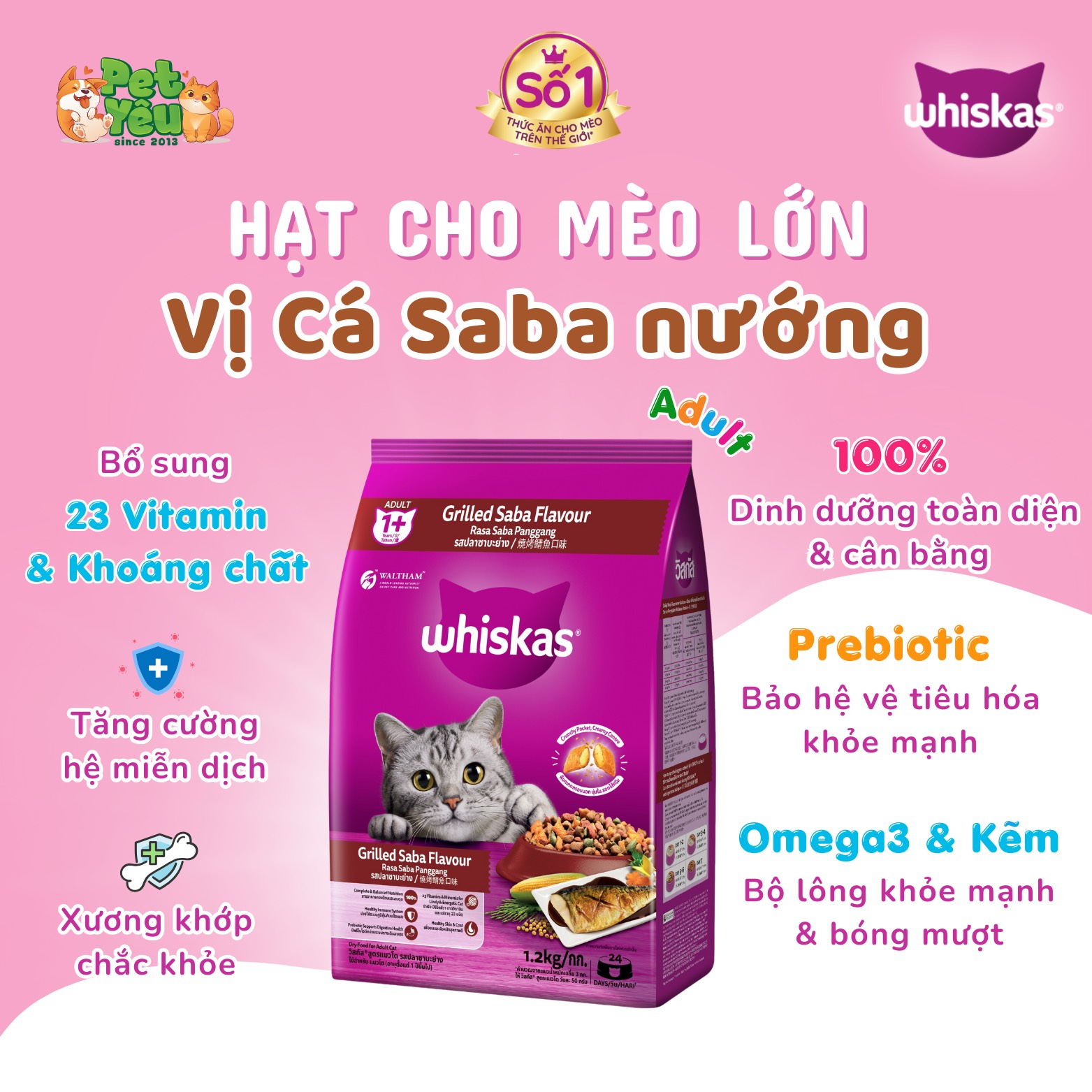 Thức ăn cho mèo lớn WHISKAS® Adult - vị cá Saba Nướng gói 3kg