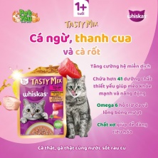 Whiskas® Tasty Mix  vị Cá Ngừ , Thanh Cua & cà rốt kèm nước sốt 70gr