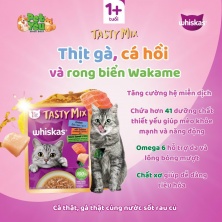 Whiskas® Tasty Mix  vị Gà , Cá Hồi & rong biển Wakame  kèm nước sốt 70gr