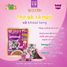 Whiskas ® Tasty Mix mèo con - vị thịt gà , cá ngừ và khoai lang 70gr