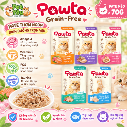 Pate Pawta Không Ngũ Cốc Cho Mèo 70G – 5 Hương Vị Cho Mèo Con & Mèo Lớn