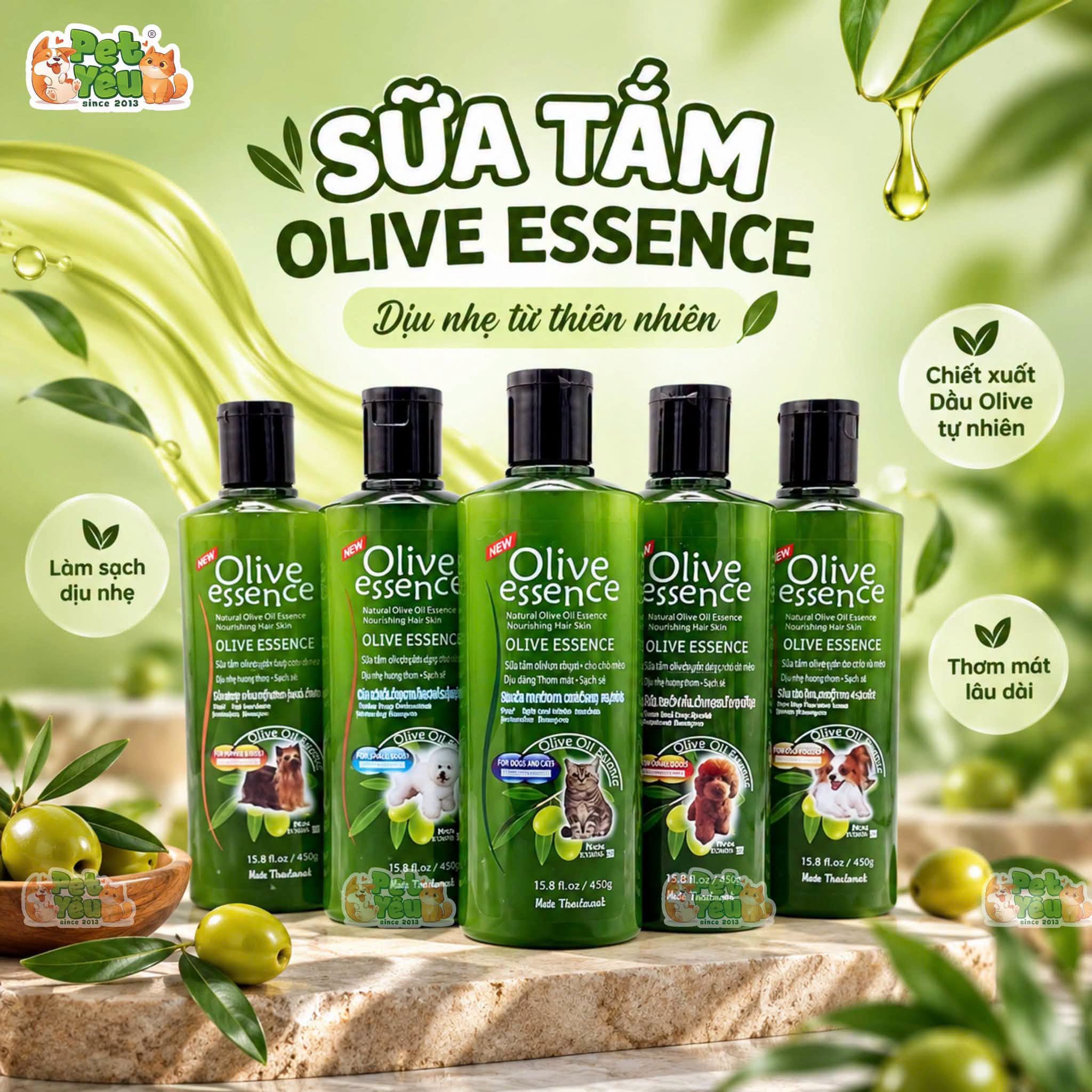 Sữa Tắm Olive Essence Thái Lan Cho Chó Mèo Chiết Xuất Dầu Olive 450ML