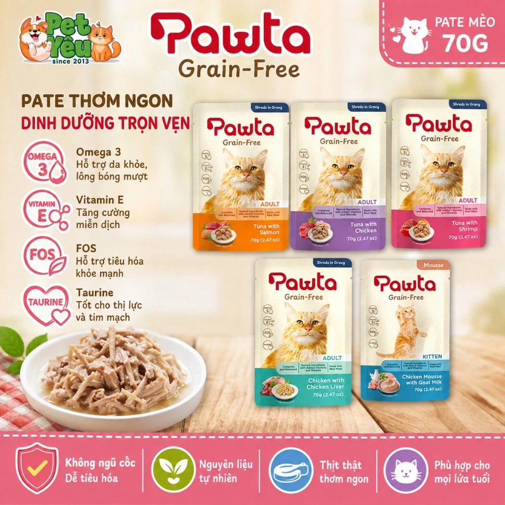 Pate Pawta Không Ngũ Cốc Cho Mèo 70G – 5 Hương Vị Cho Mèo Con & Mèo Lớn