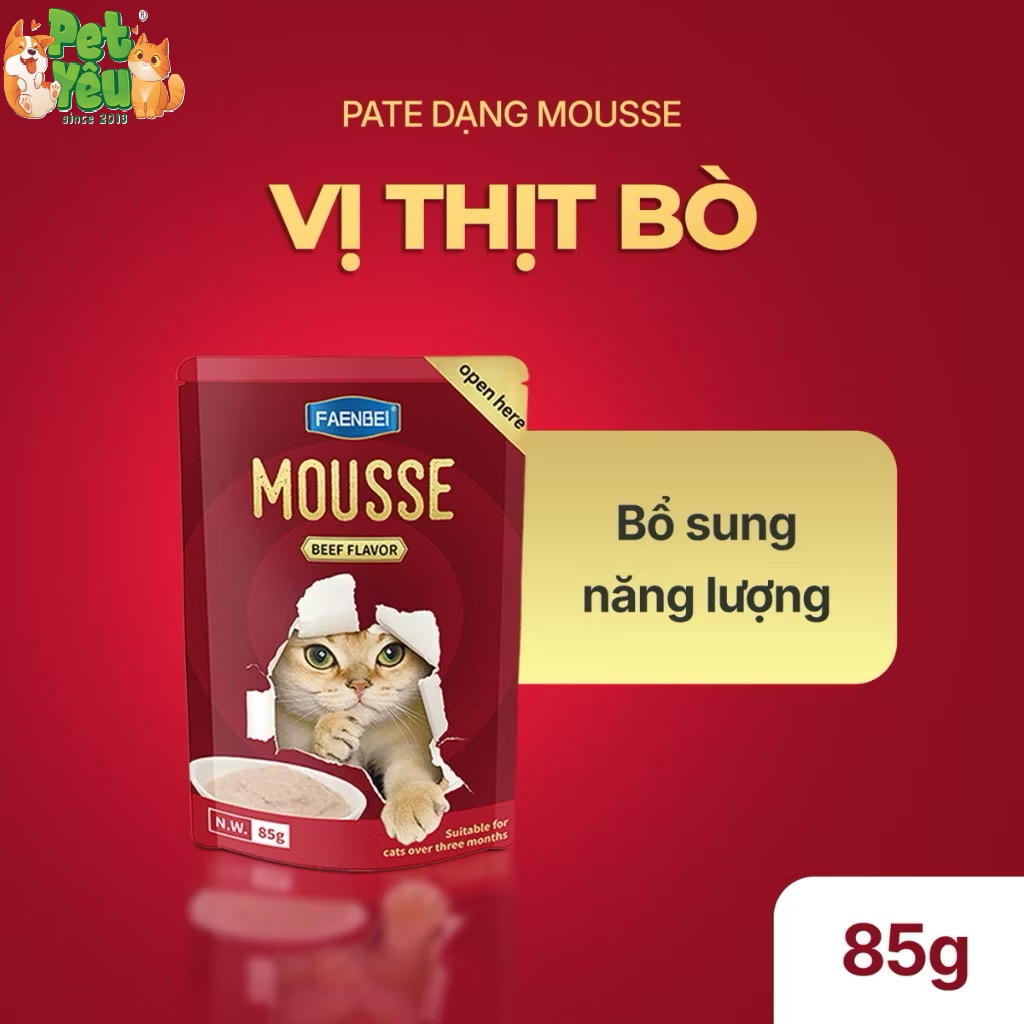 Pate Mousse FAENBEI cho mèo từ 3 tháng tuổi - Túi 85G