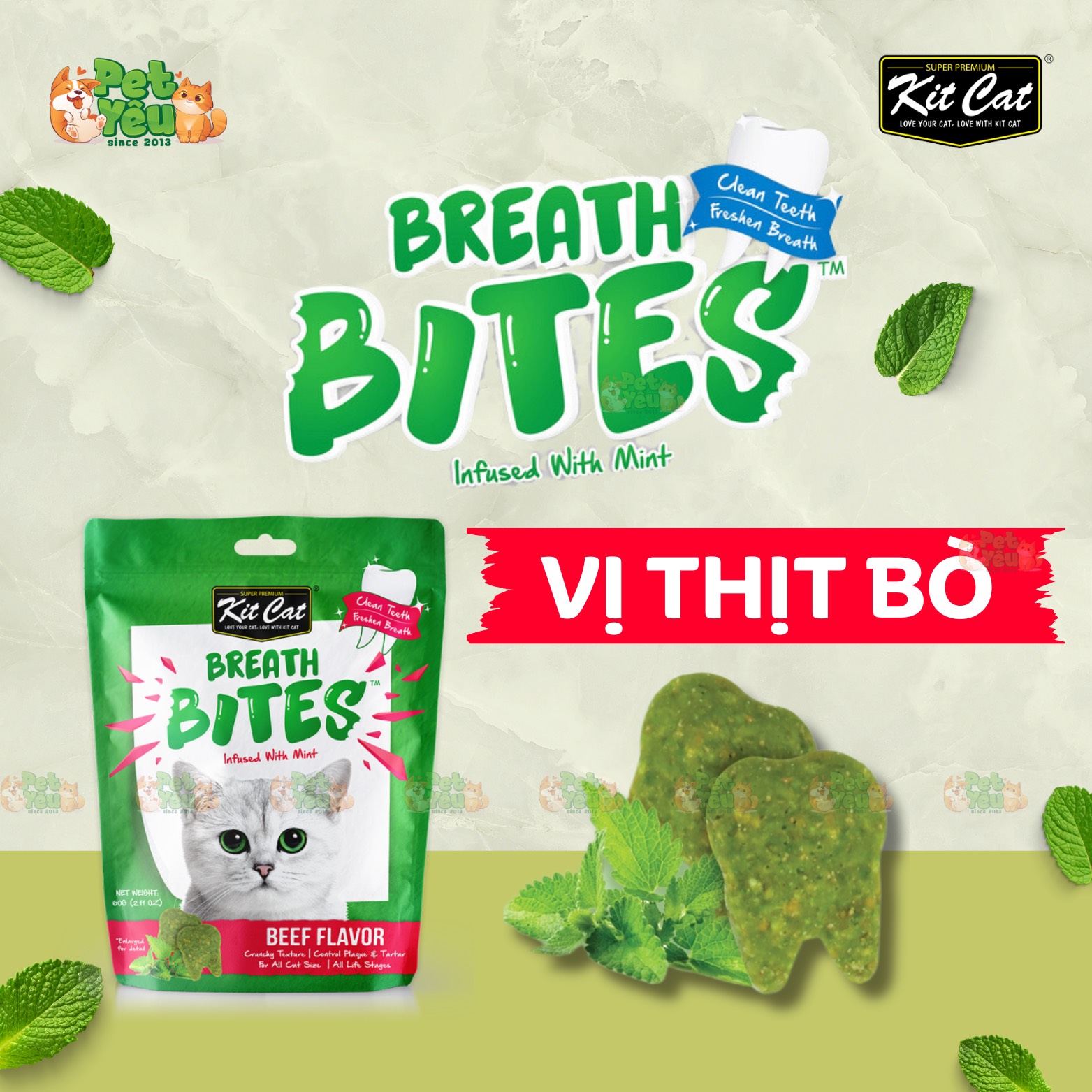 Snack Kitcat Breath Bites sạch răng thơm miệng dành cho mèo - Vị Thịt Bò