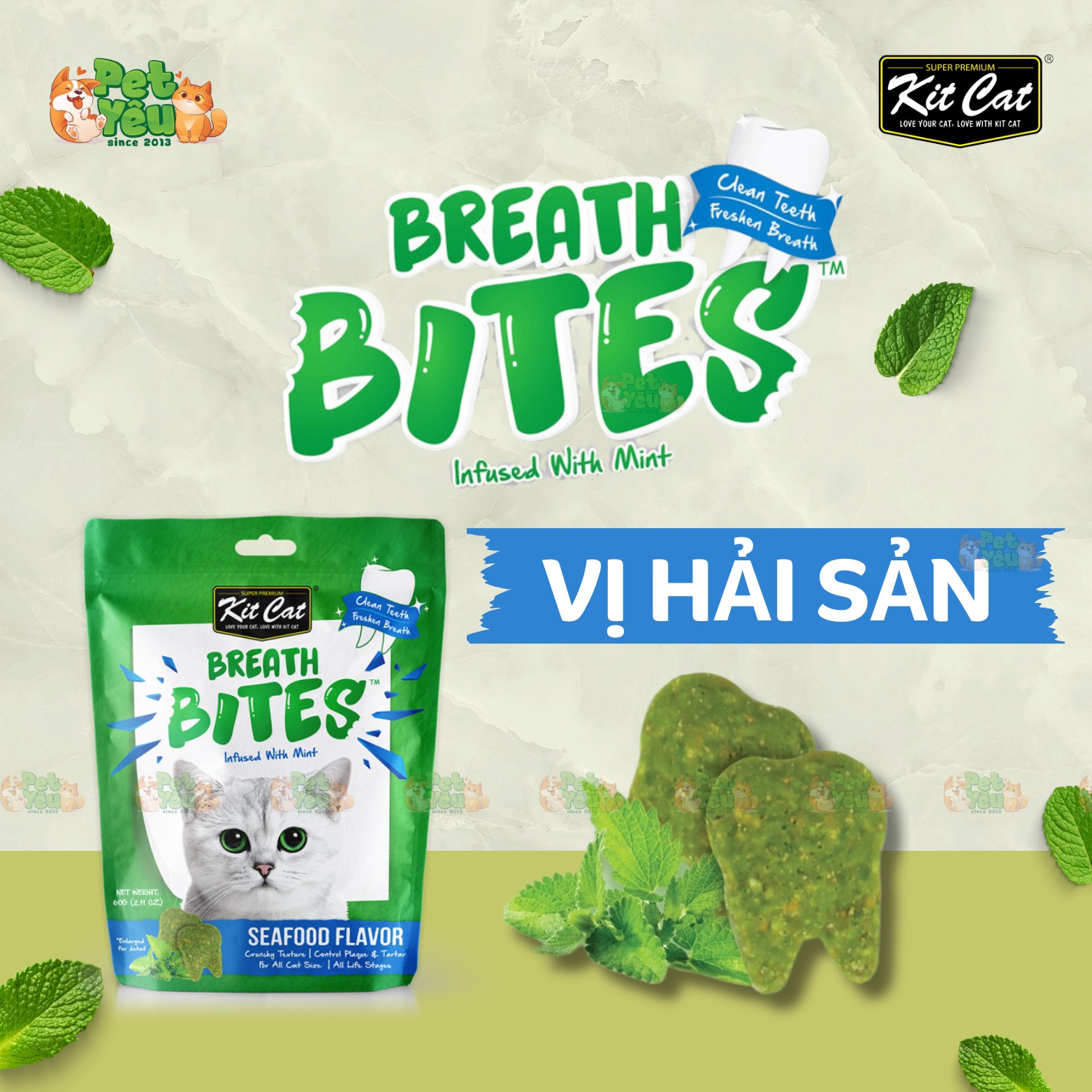 Snack Kitcat Breath Bites sạch răng thơm miệng dành cho mèo - Vị Hải Sản